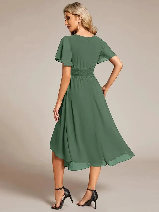 Women's Elegant Flowy Midi Wedding Guest Dress with Ruffle Details