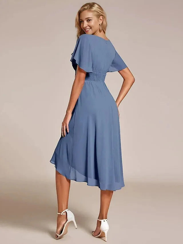 Women's Elegant Flowy Midi Wedding Guest Dress with Ruffle Details