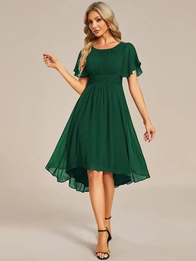 Women's Elegant Flowy Midi Wedding Guest Dress with Ruffle Details