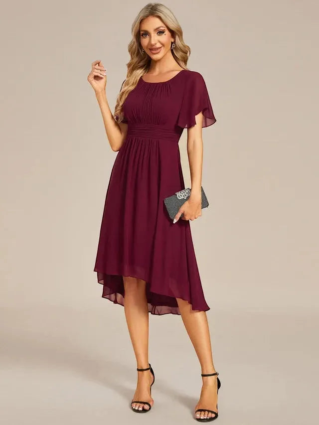 Women's Elegant Flowy Midi Wedding Guest Dress with Ruffle Details