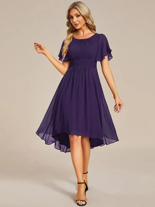 Women's Elegant Flowy Midi Wedding Guest Dress with Ruffle Details