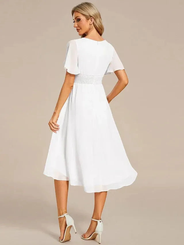Women's Elegant Flowy Midi Wedding Guest Dress with Ruffle Details