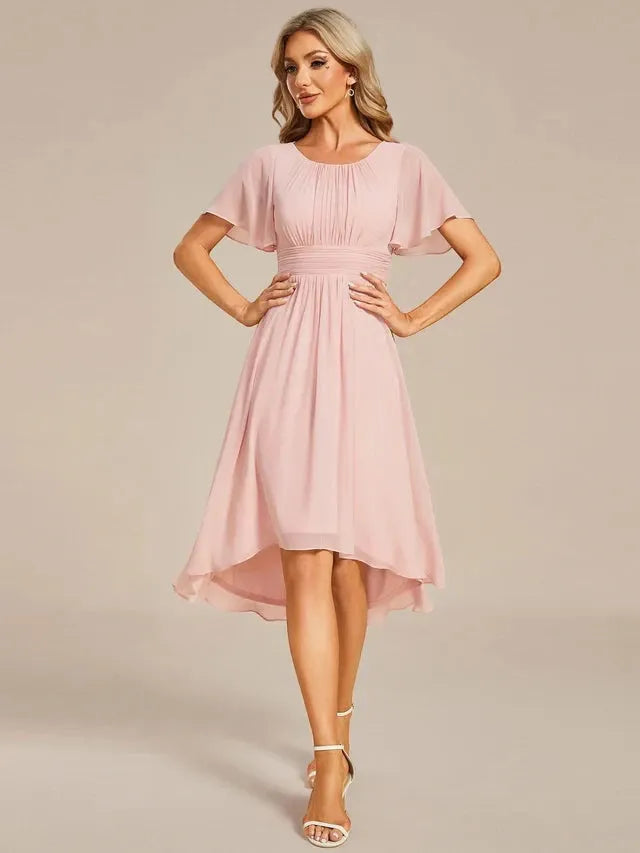 Women's Elegant Flowy Midi Wedding Guest Dress with Ruffle Details