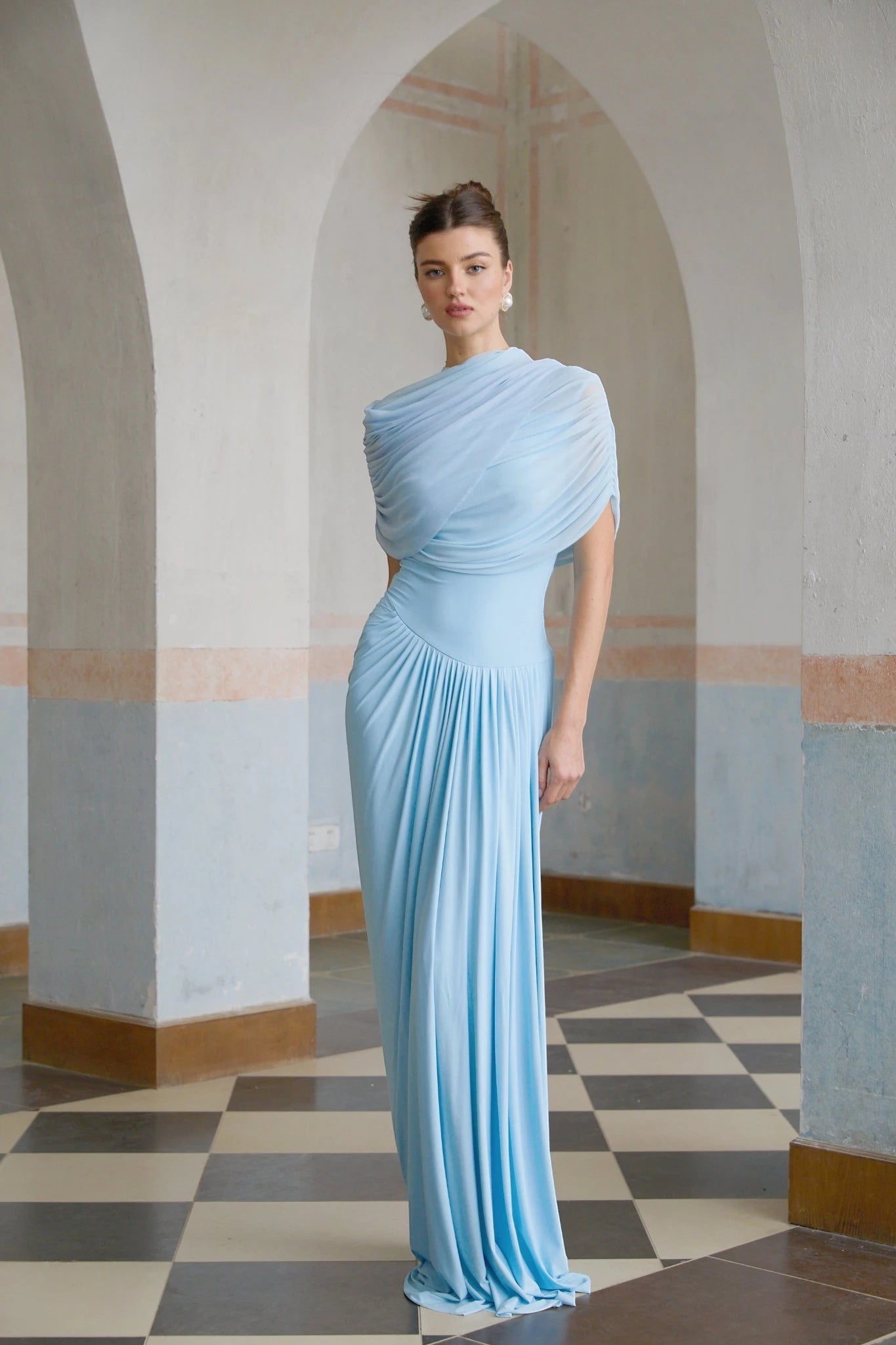 Women's Elegant Formal Maxi Wedding Guest Dress with Pleated Detailing
