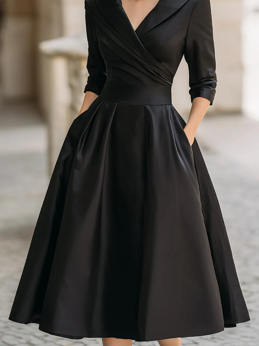 Women's Elegant Formal Midi Wedding Guest Dress with Pleated Details