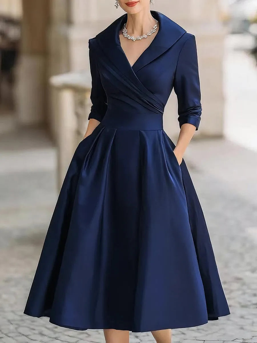 Women's Elegant Formal Midi Wedding Guest Dress with Pleated Details