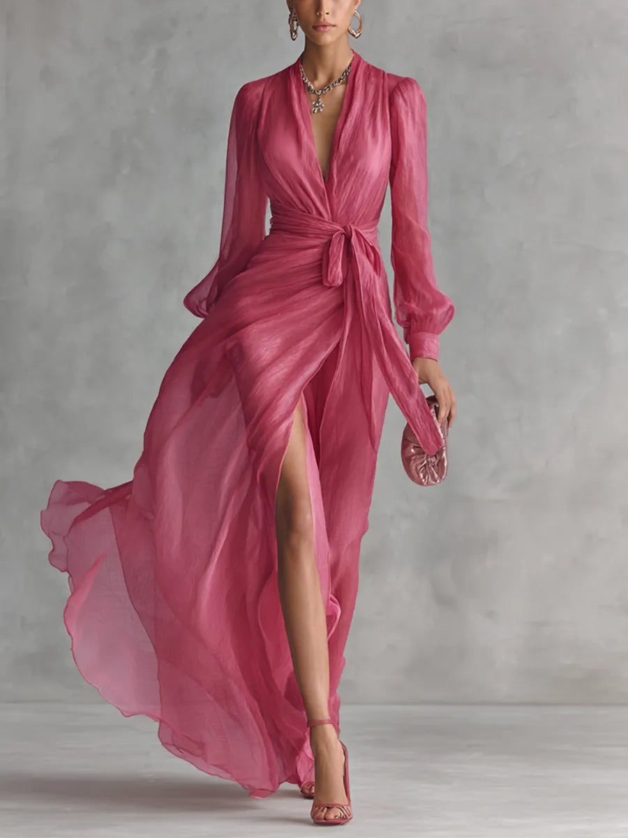 Women's Elegant Long Sleeve Maxi Summer Dress with V-Neck