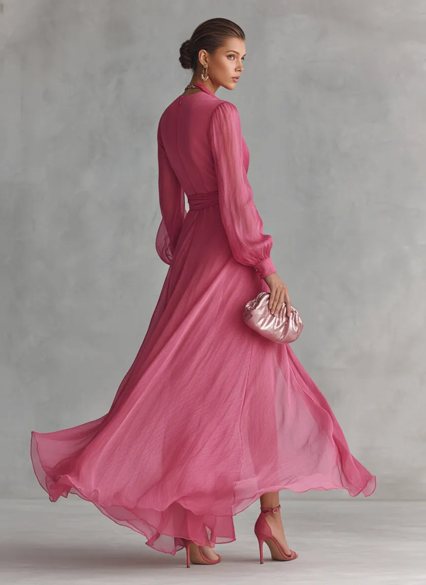 Women's Elegant Long Sleeve Maxi Summer Dress with V-Neck