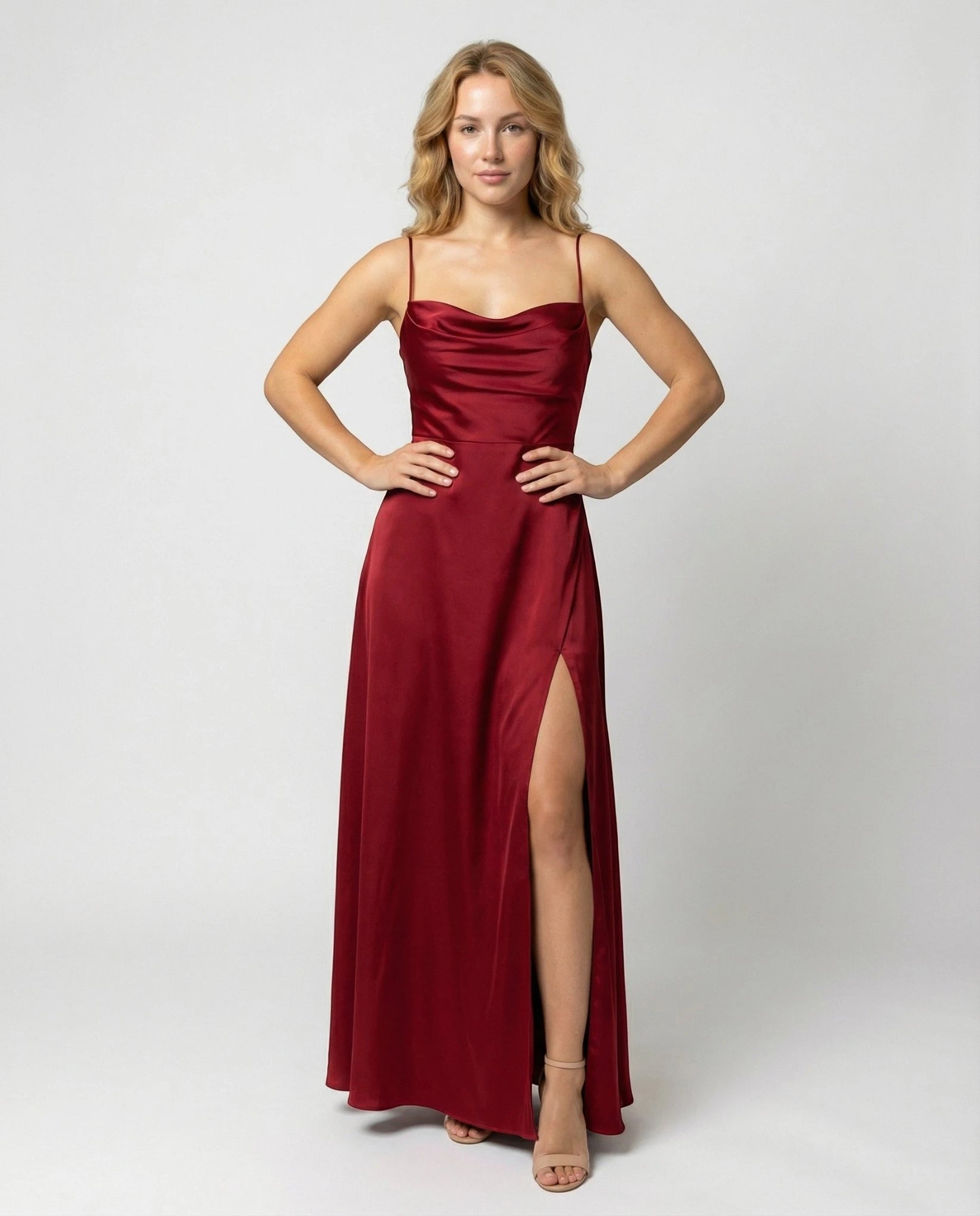 Women's Elegant Maxi Wedding Guest Dress with Cowl Neck and Slit