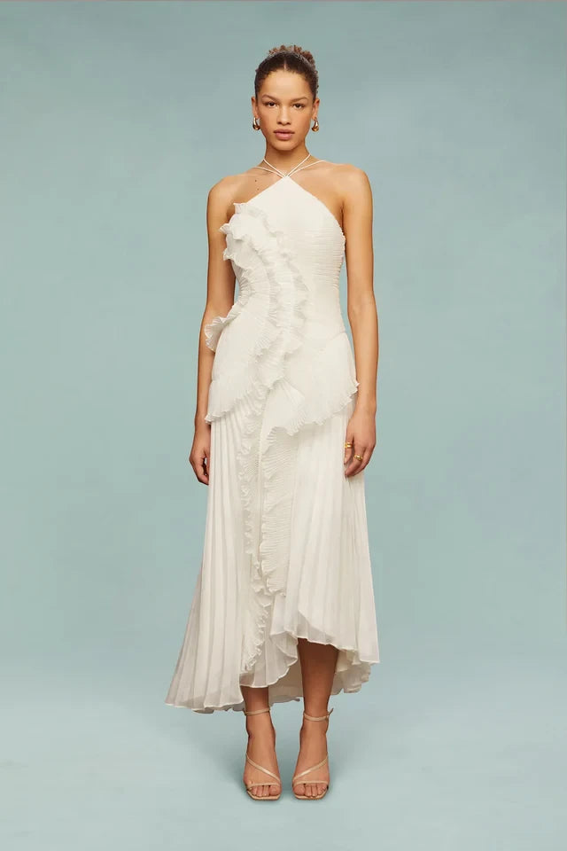 Women's Elegant Maxi Wedding Guest Dress with Halter and Ruffle