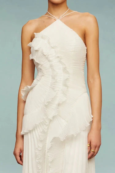 Women's Elegant Maxi Wedding Guest Dress with Halter and Ruffle
