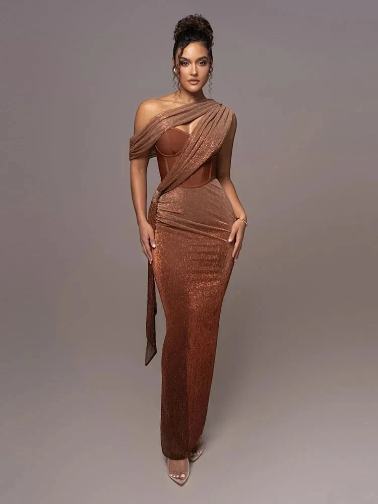 Women's Elegant Maxi Wedding Guest Dress with One Shoulder