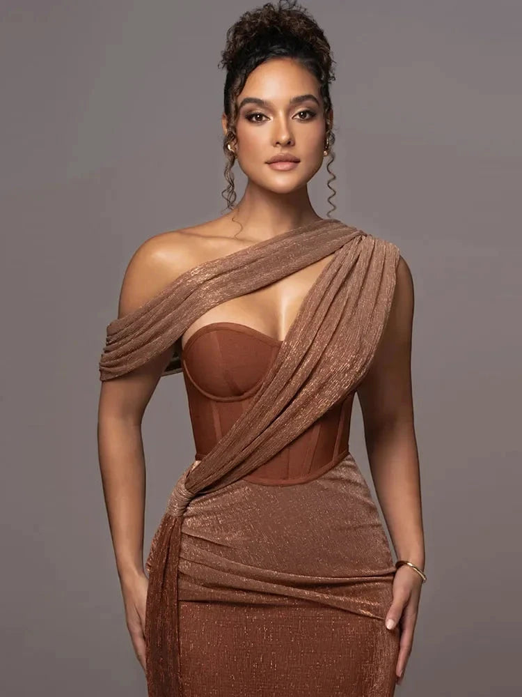 Women's Elegant Maxi Wedding Guest Dress with One Shoulder