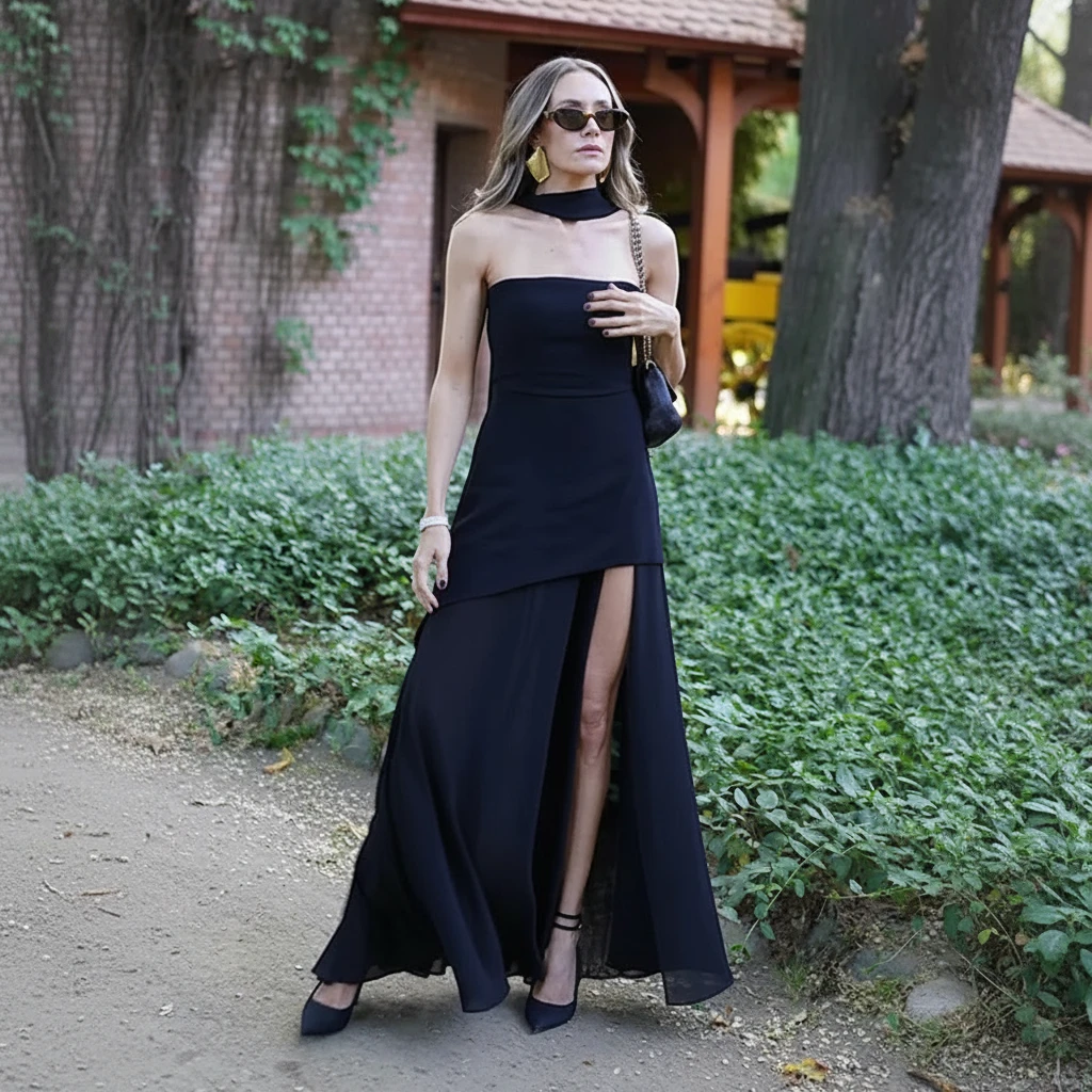 Women's Elegant Maxi Wedding Guest Dress with Strapless and Slit
