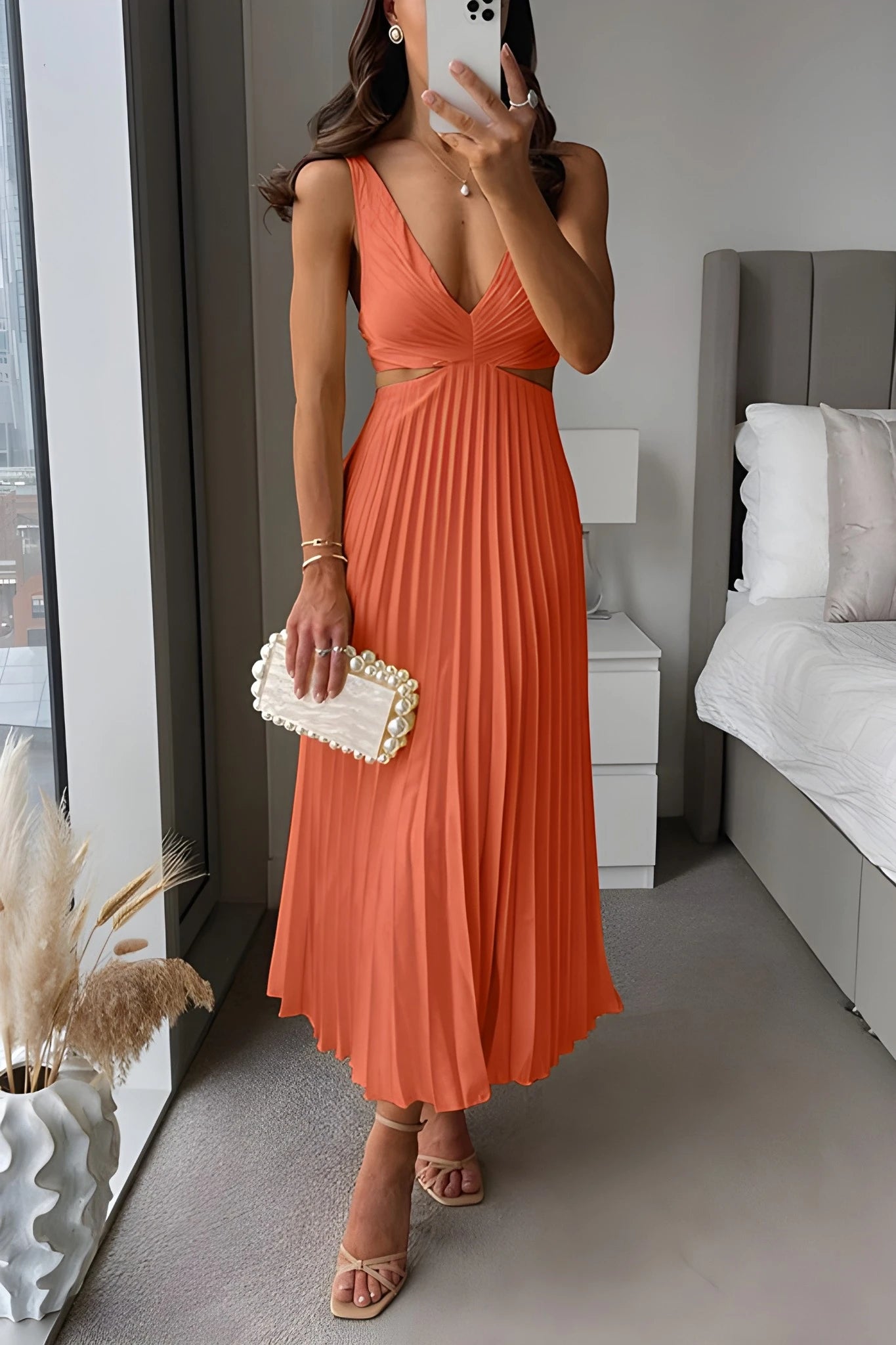 Women's Elegant Midi Summer Dress with Pleated Feature