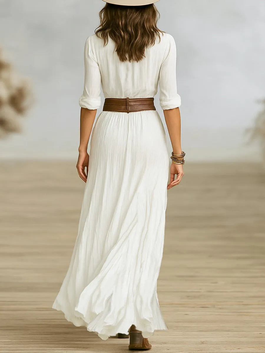 Women's Elegant Pleated Maxi Summer Dress with Long Sleeve