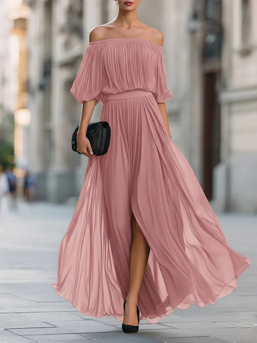 Women's Elegant Pleated Midi Wedding Guest Dress with Off Shoulder