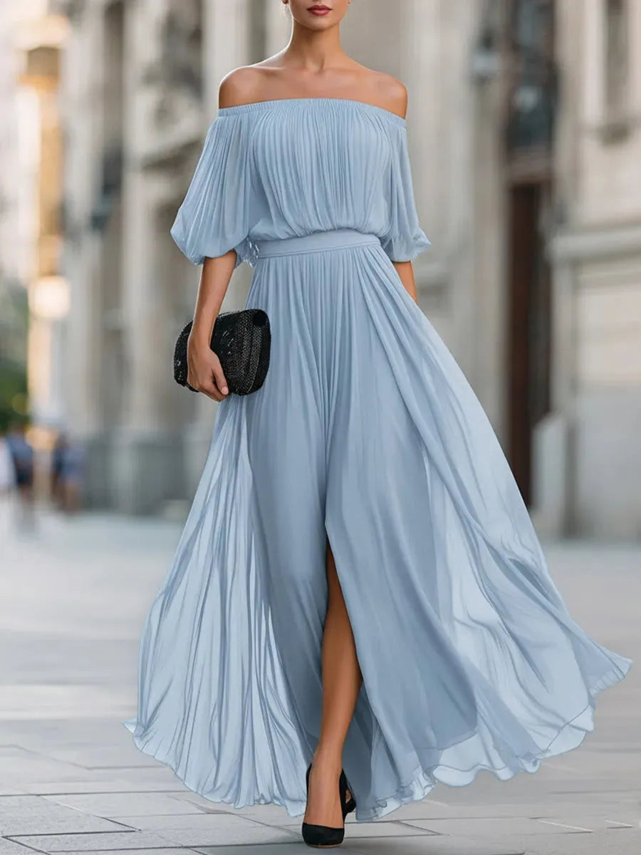 Women's Elegant Pleated Midi Wedding Guest Dress with Off Shoulder