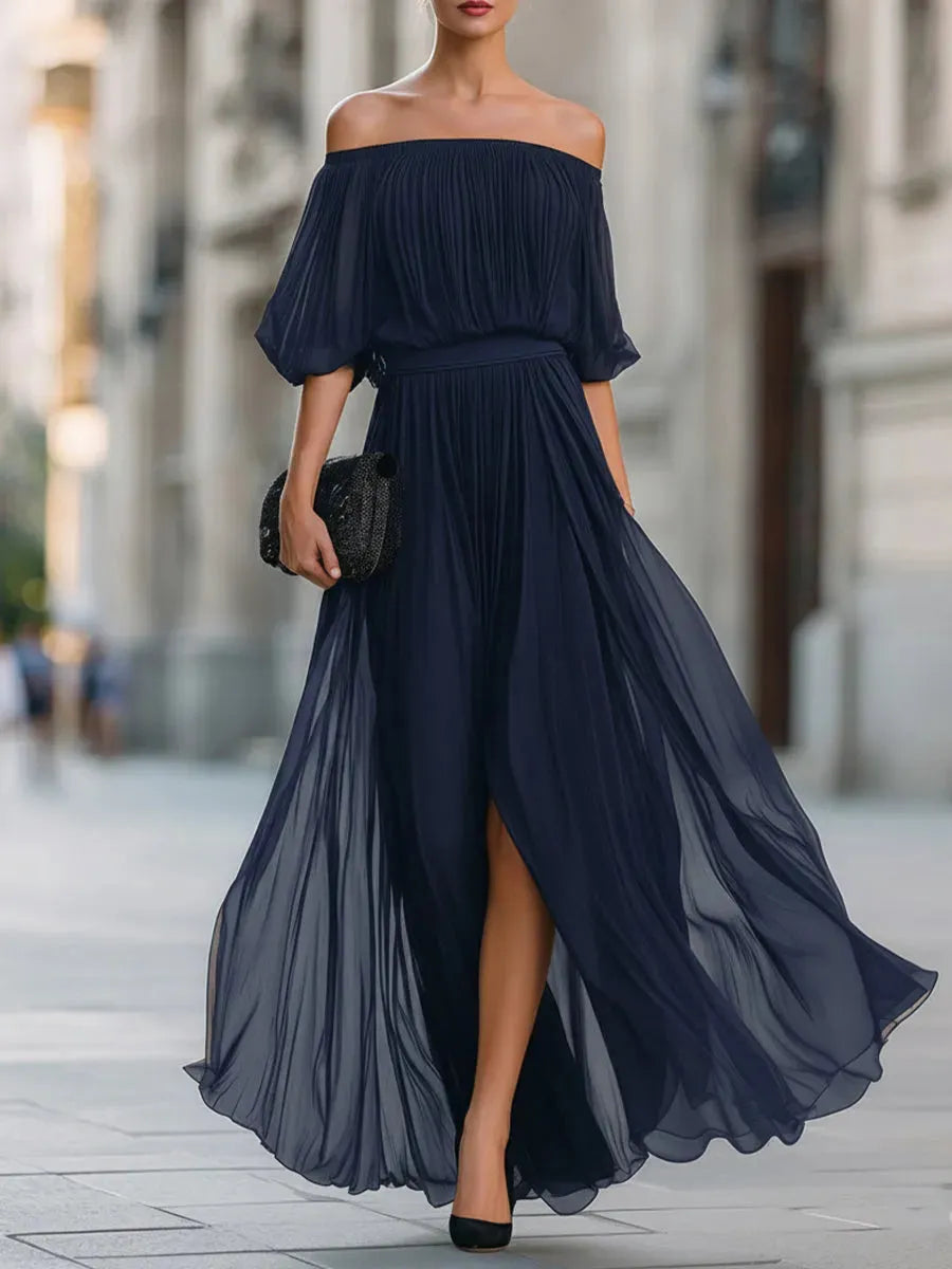 Women's Elegant Pleated Midi Wedding Guest Dress with Off Shoulder