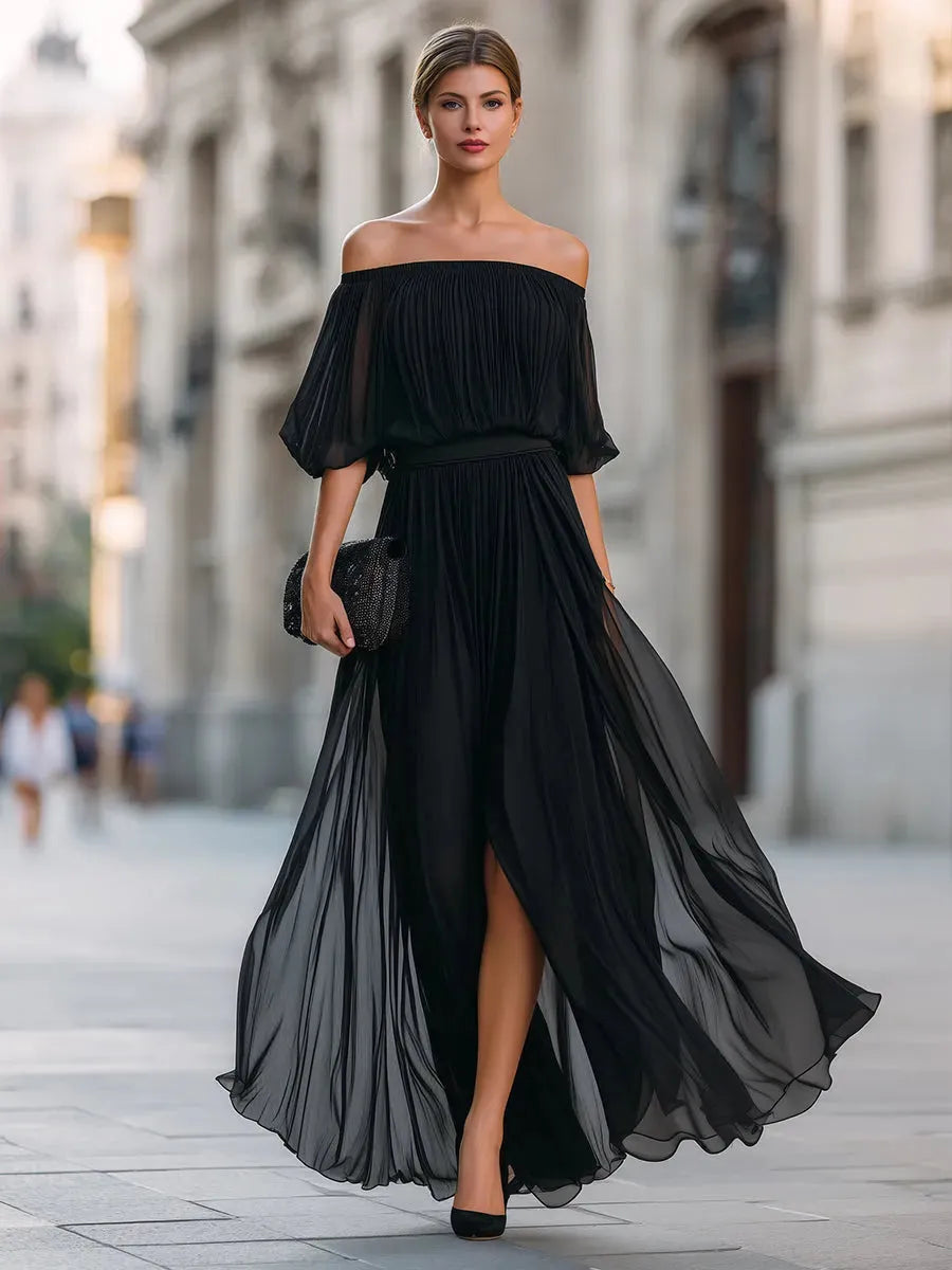 Women's Elegant Pleated Midi Wedding Guest Dress with Off Shoulder