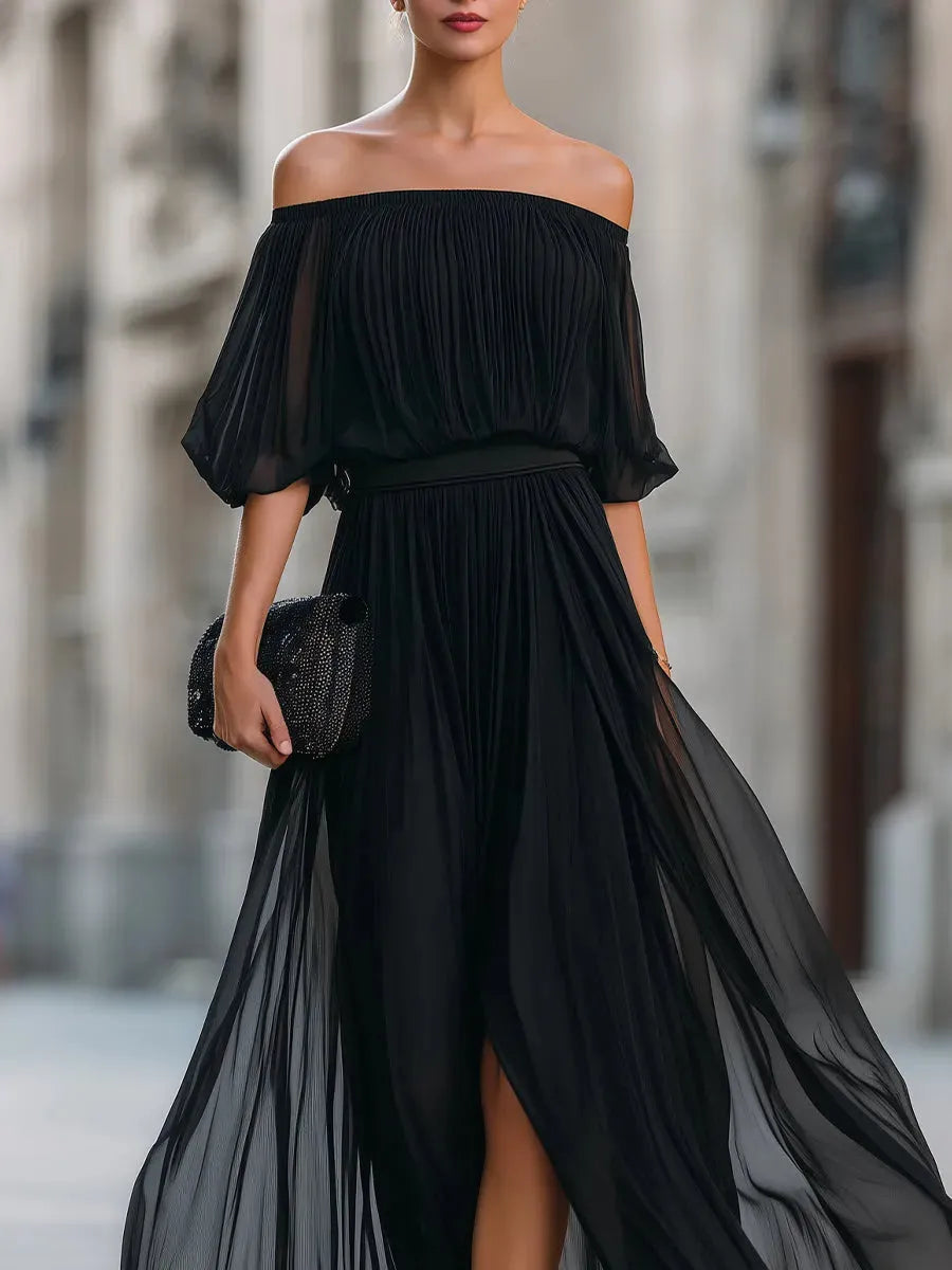 Women's Elegant Pleated Midi Wedding Guest Dress with Off Shoulder