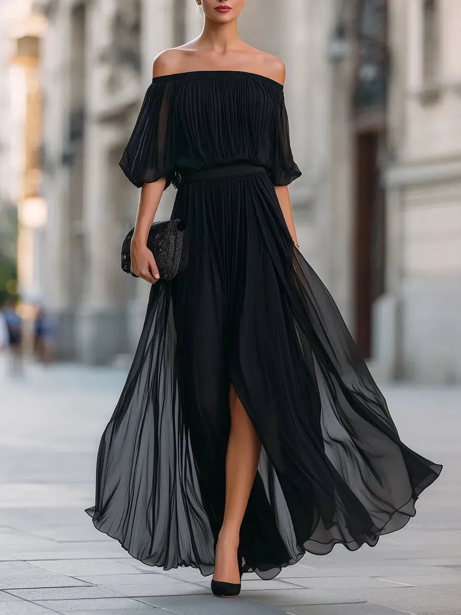 Women's Elegant Pleated Midi Wedding Guest Dress with Off Shoulder