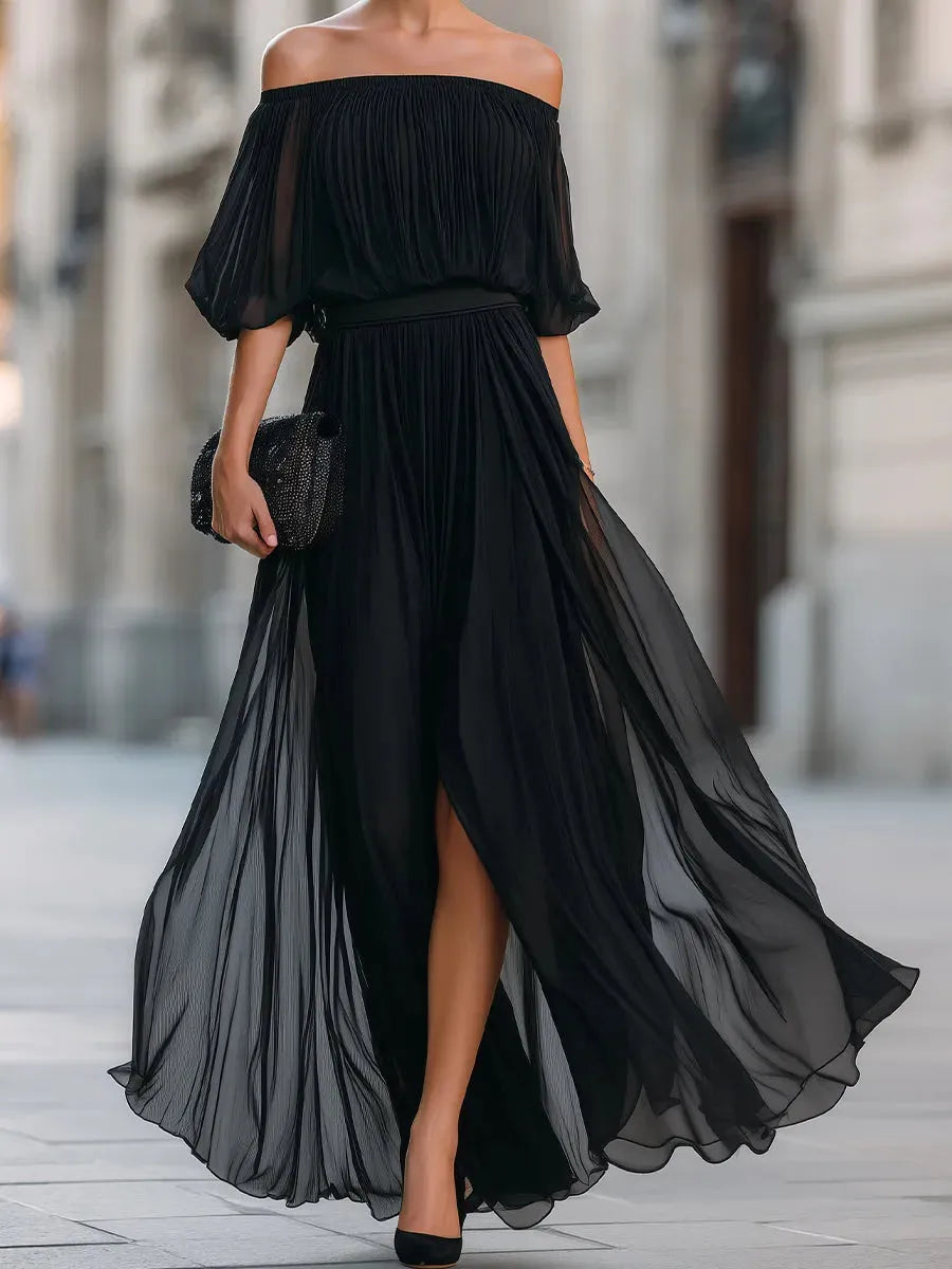 Women's Elegant Pleated Midi Wedding Guest Dress with Off Shoulder