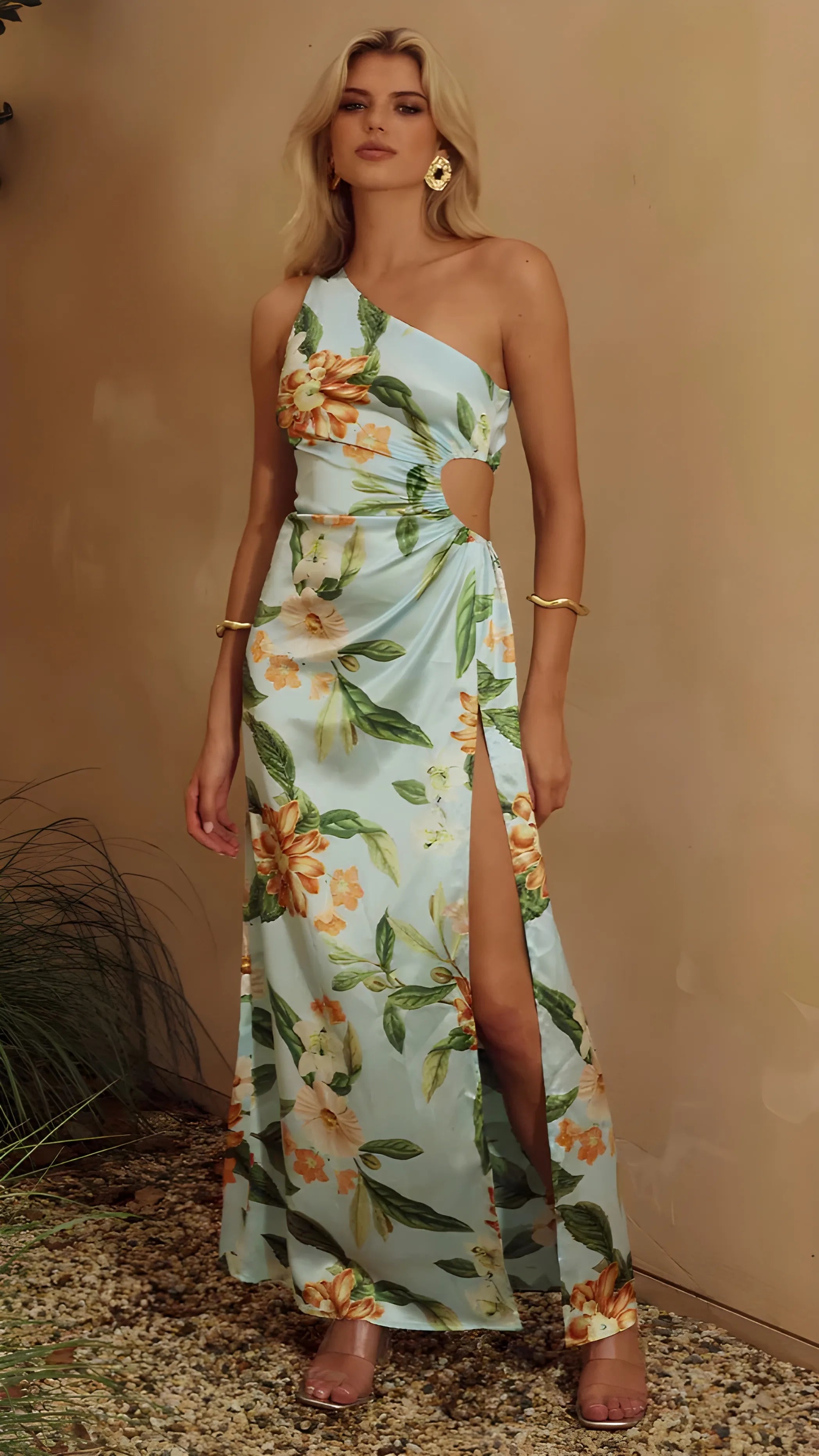 Women's Elegant Printed Maxi Summer Dress with One Shoulder