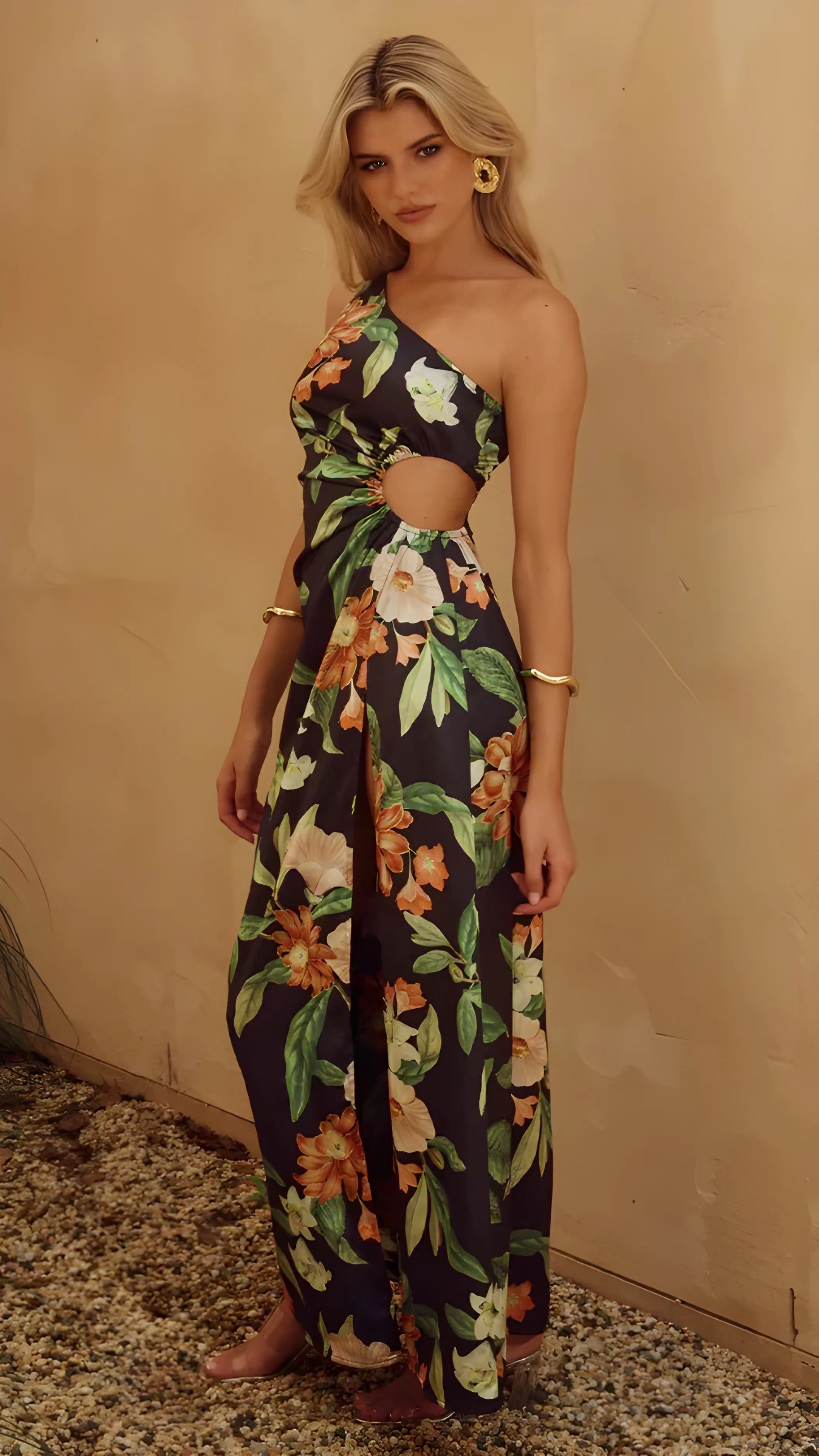 Women's Elegant Printed Maxi Summer Dress with One Shoulder