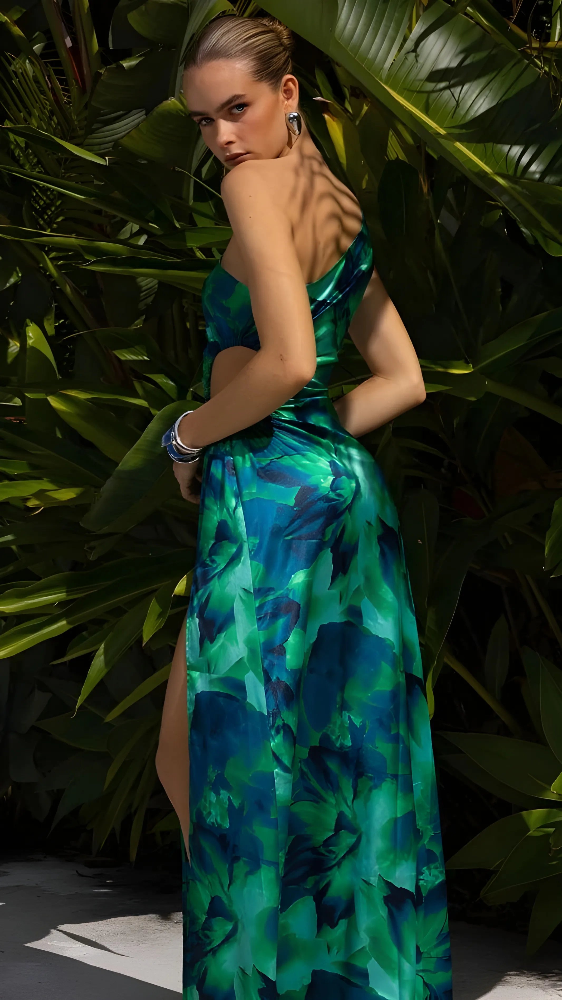 Women's Elegant Printed Maxi Summer Dress with One Shoulder