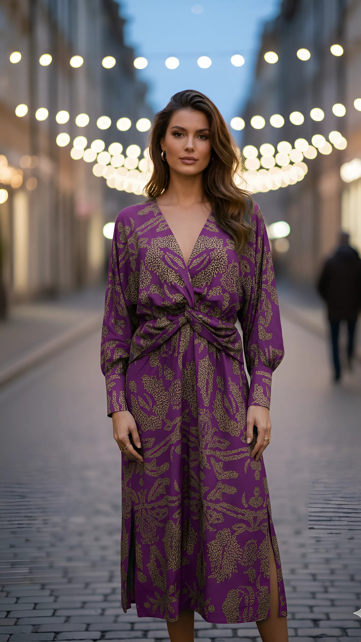 Women's Elegant Printed Maxi Wedding Guest Dress with Long Sleeve