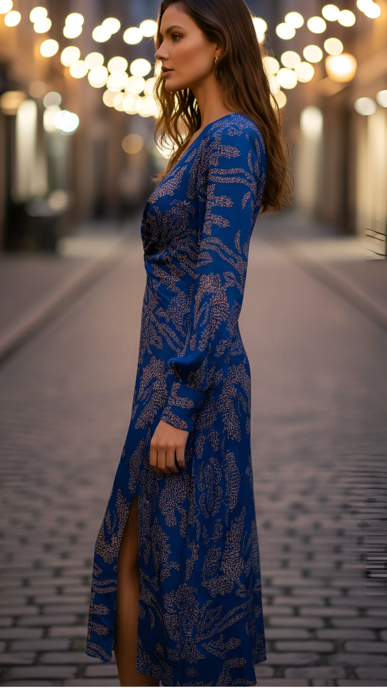 Women's Elegant Printed Maxi Wedding Guest Dress with Long Sleeve