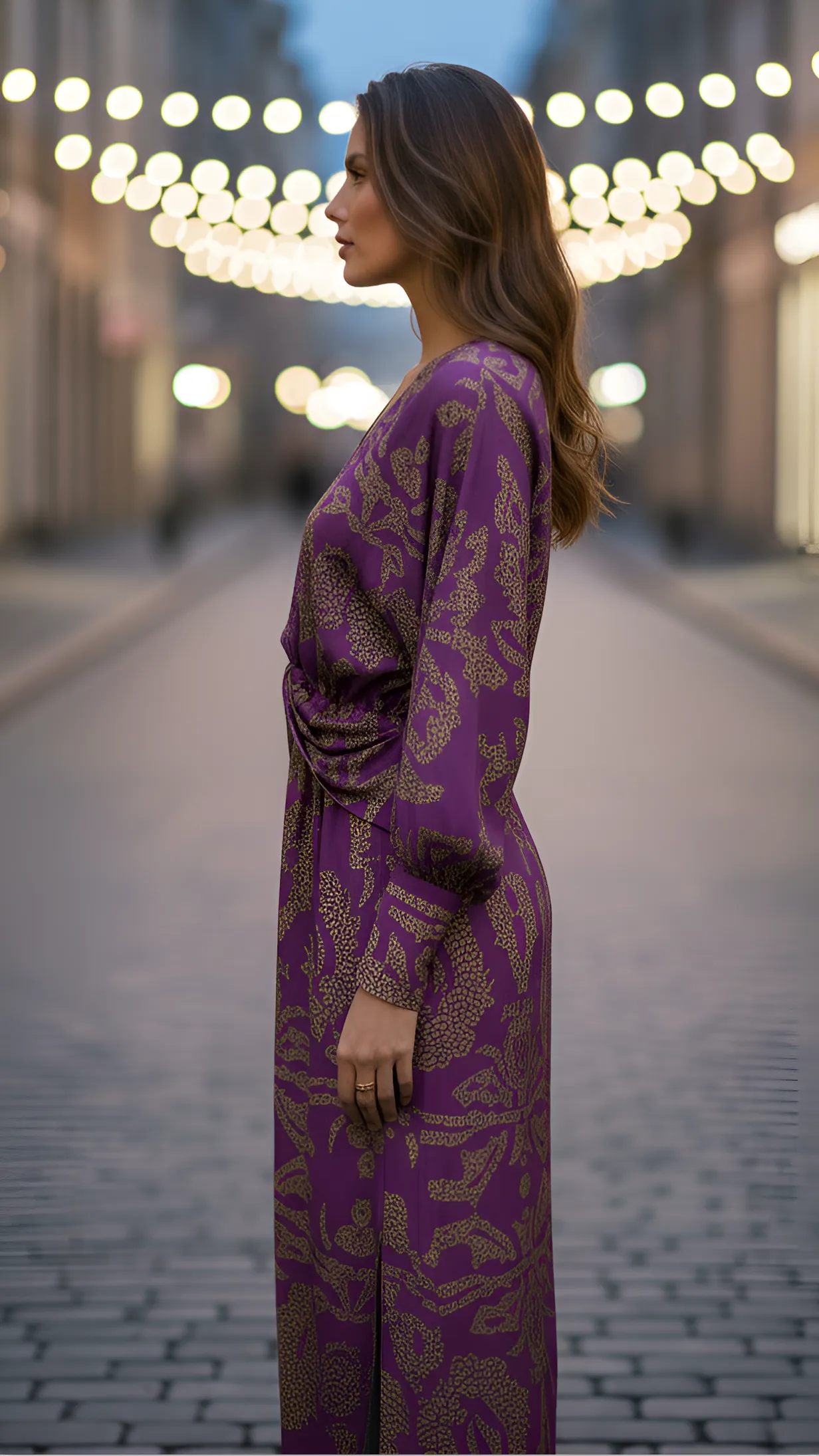 Women's Elegant Printed Maxi Wedding Guest Dress with Long Sleeve