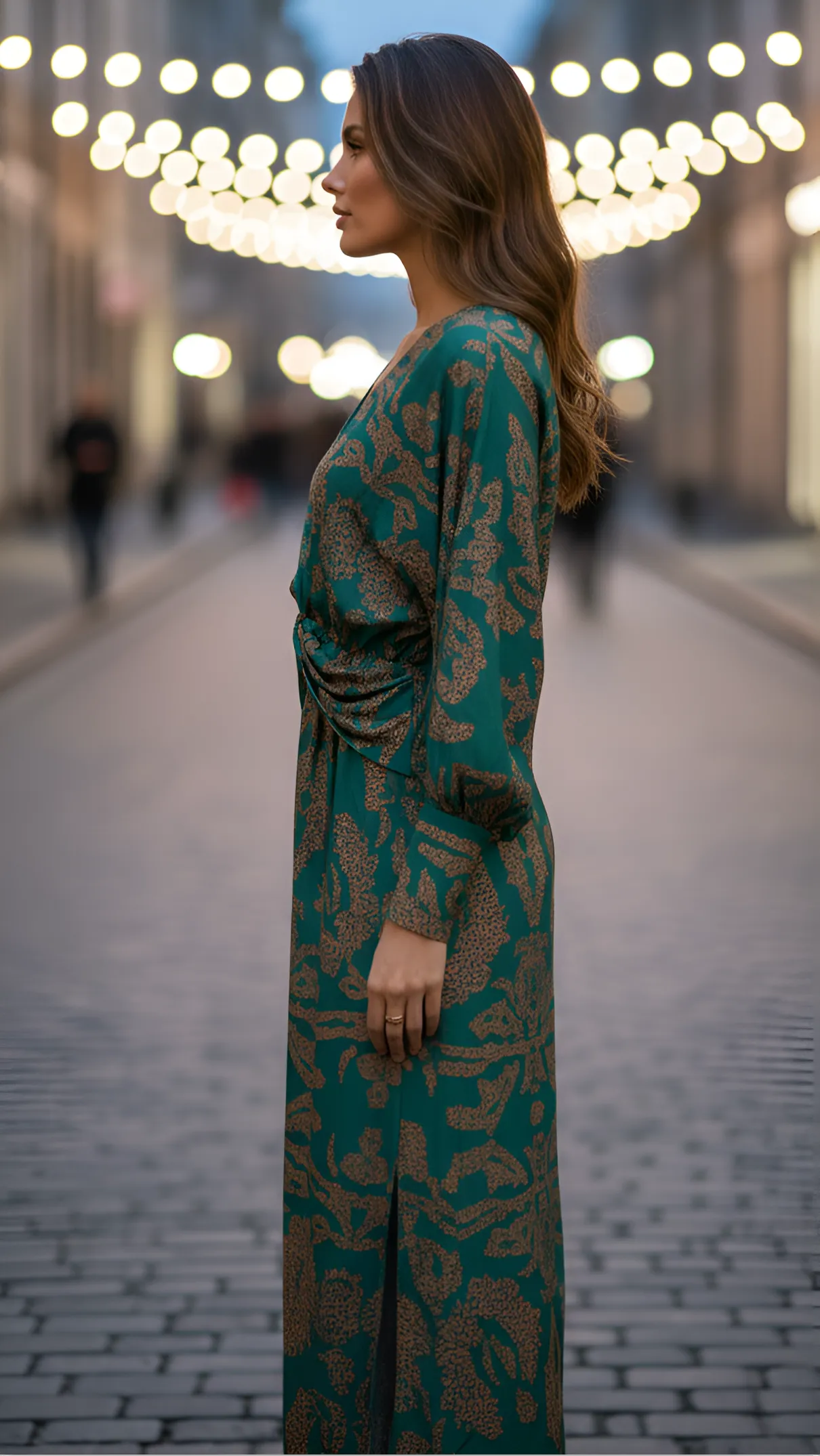 Women's Elegant Printed Maxi Wedding Guest Dress with Long Sleeve