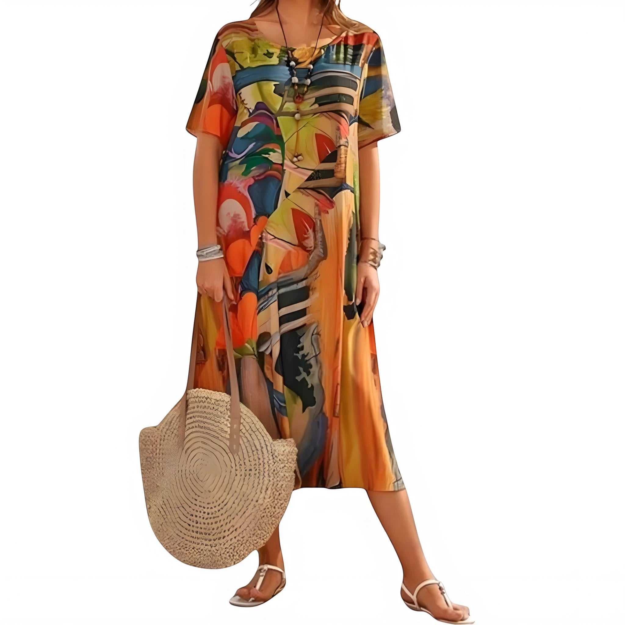 Women's Elegant Printed Midi Summer Dress with Short Sleeve