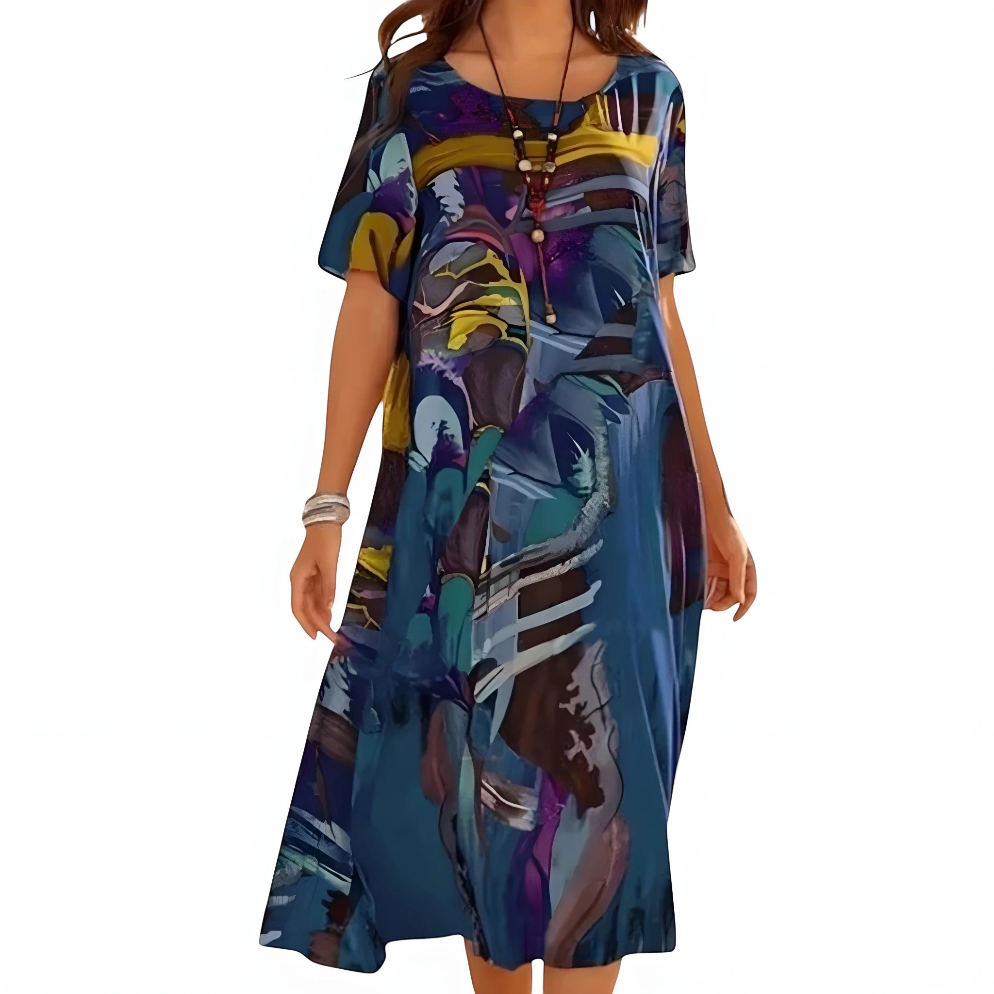 Women's Elegant Printed Midi Summer Dress with Short Sleeve