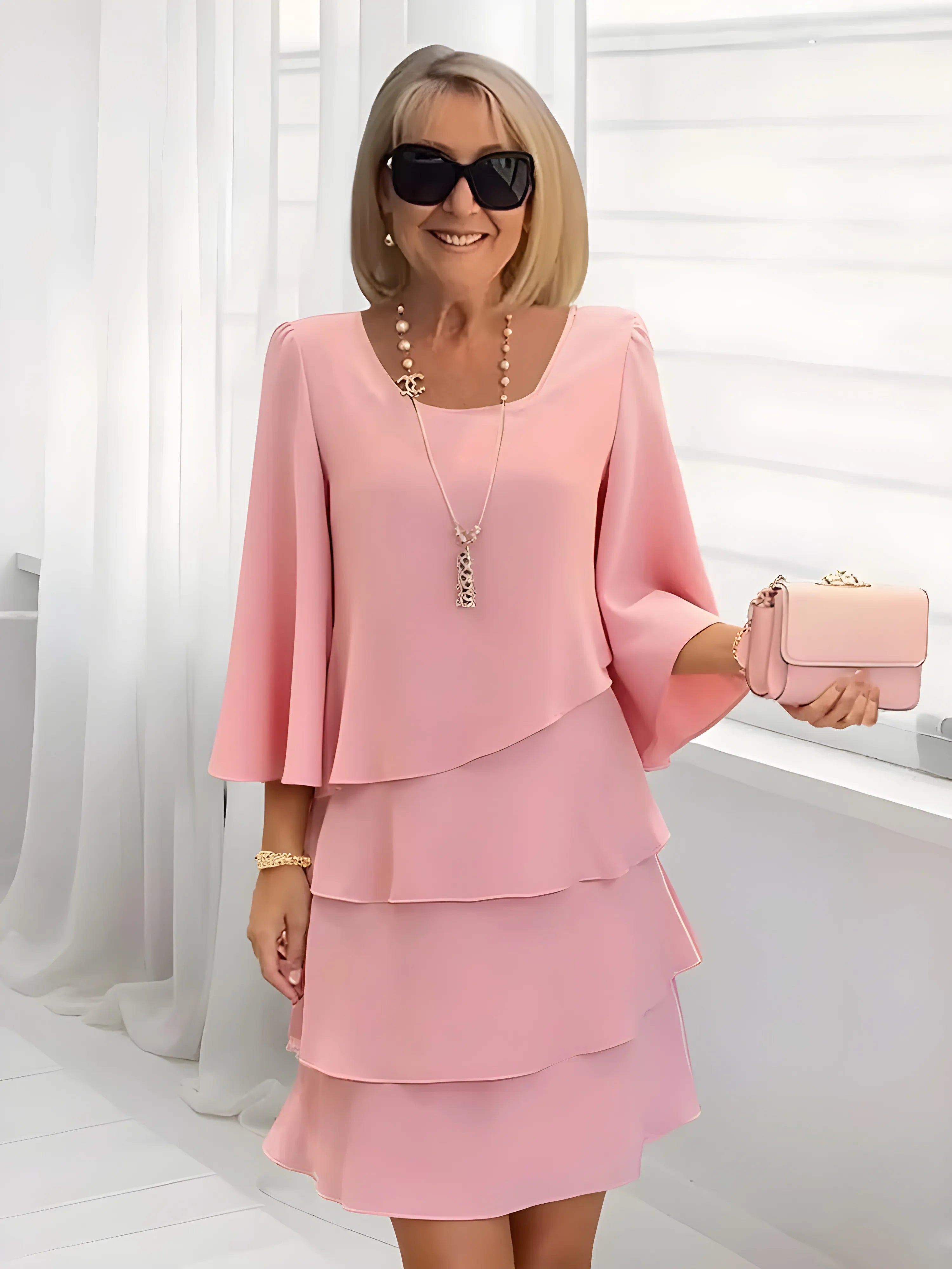 Women’s Elegant Ruffle Midi Summer Dress with 3/4 Sleeves