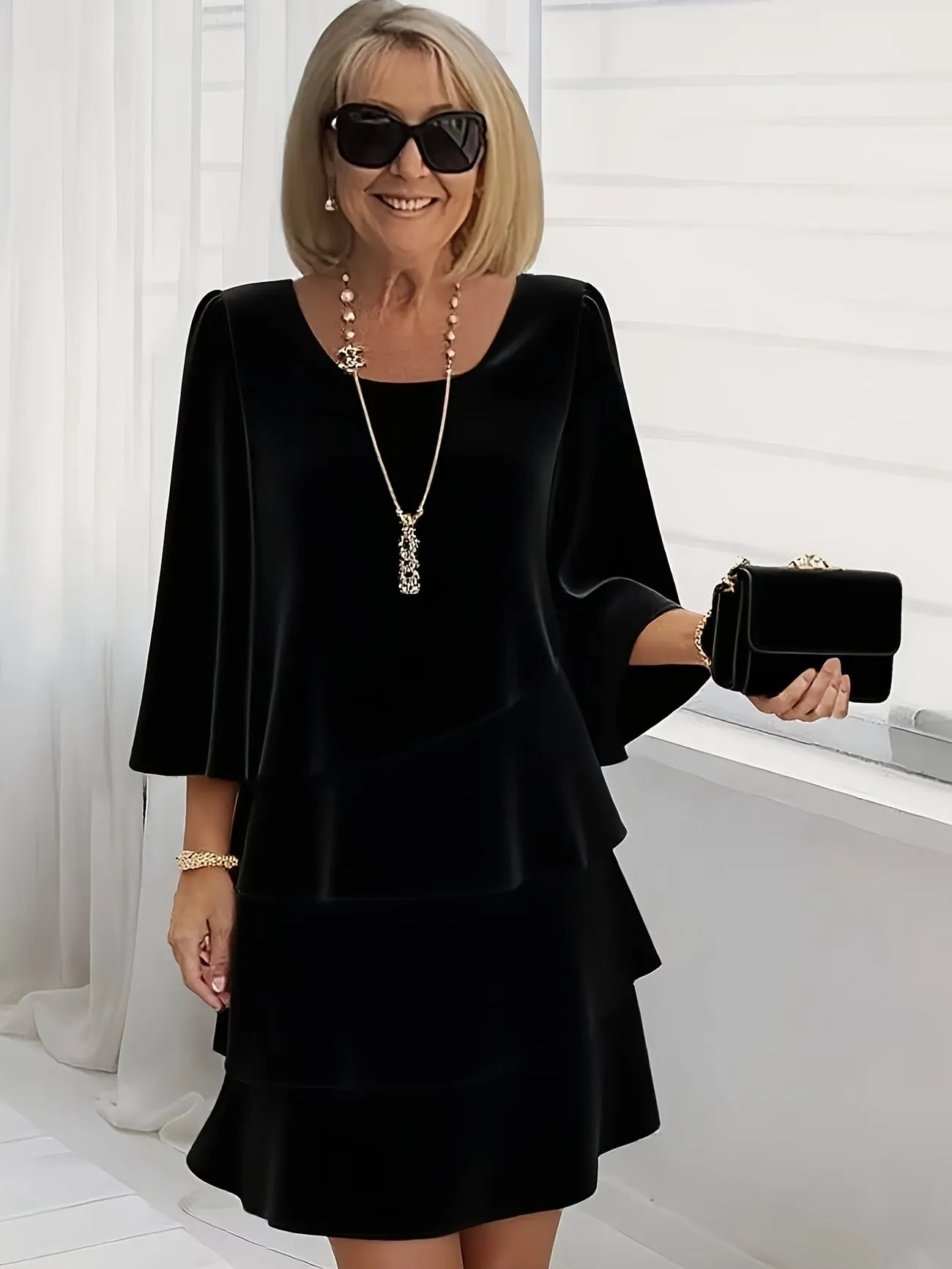 Women’s Elegant Ruffle Midi Summer Dress with 3/4 Sleeves
