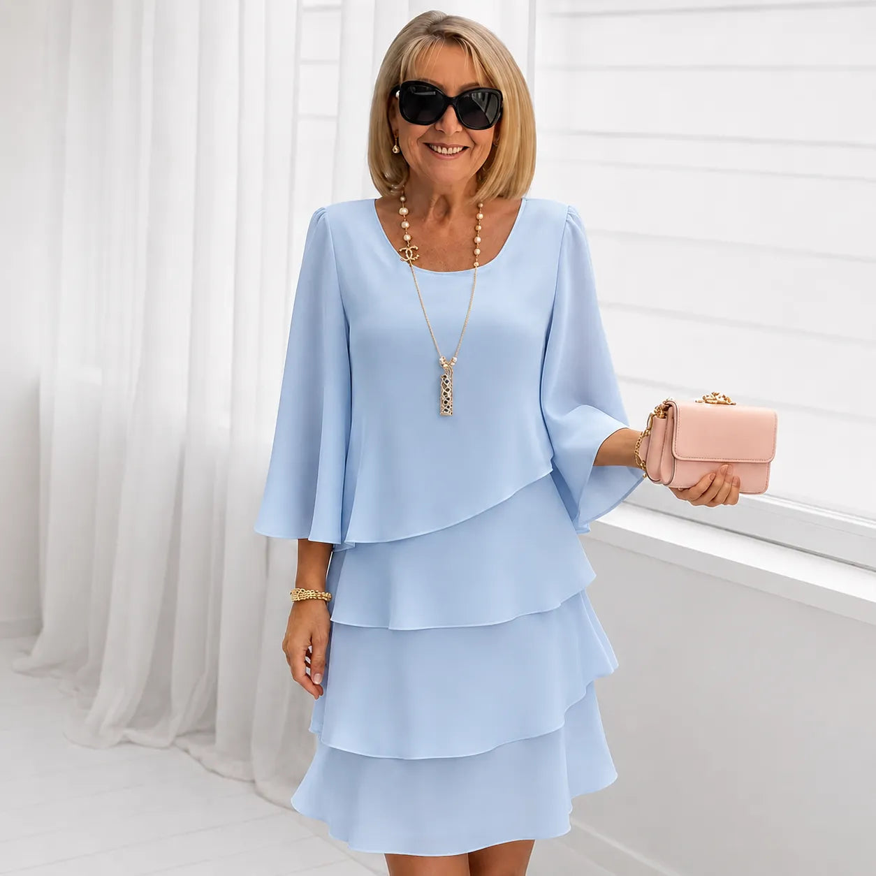 Women’s Elegant Ruffle Midi Summer Dress with 3/4 Sleeves