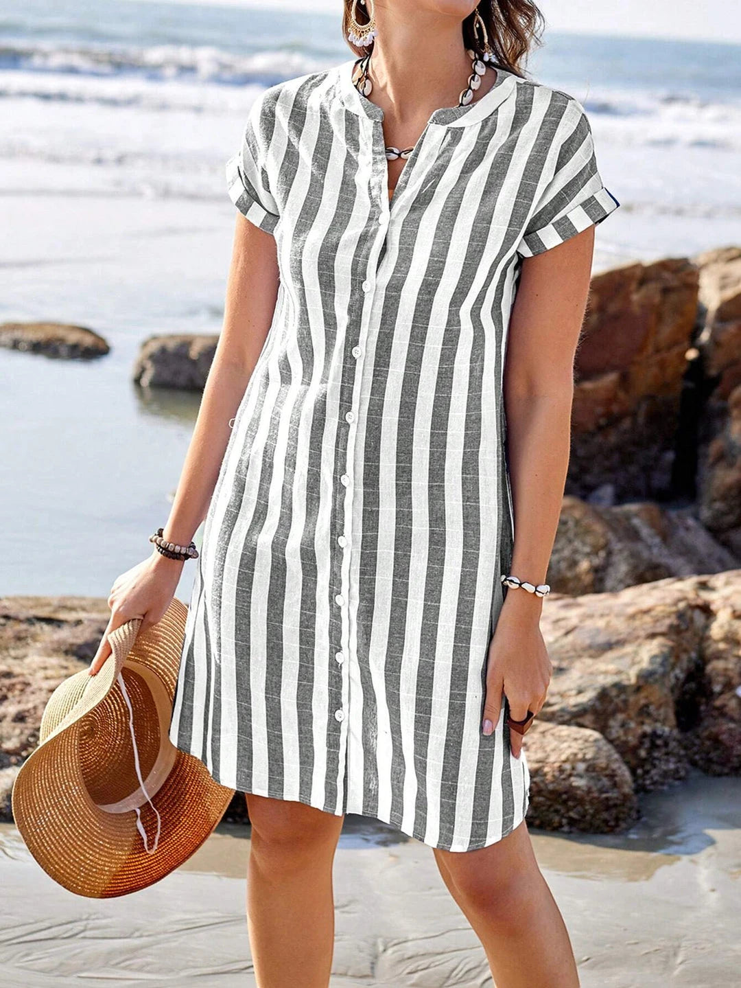 Women's Elegant Striped Mini Summer Dress with Short Sleeve