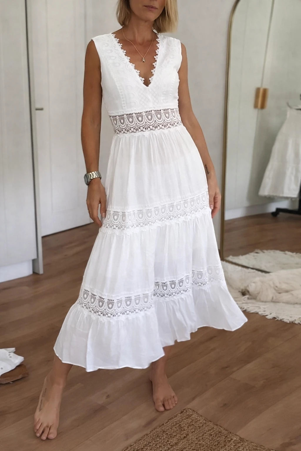 Women's Elegant Tiered Midi Summer Dress with V-Neck