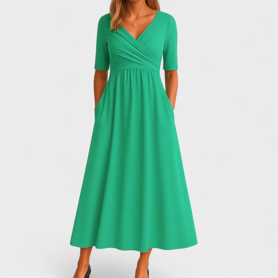 Women's Elegant Wrap Summer Midi Dress with Pleated Details