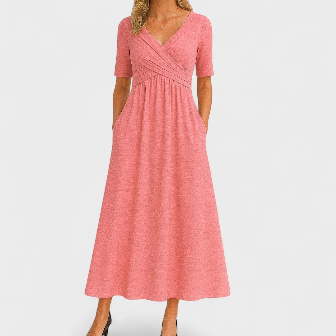 Women's Elegant Wrap Summer Midi Dress with Pleated Details