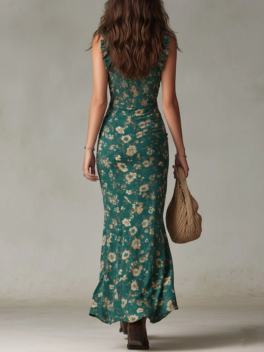 Women's Floral Boho Maxi Summer Dress with Ruffle