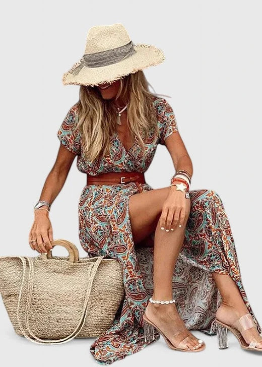 Women's Floral Boho Maxi Summer Dress with Slit