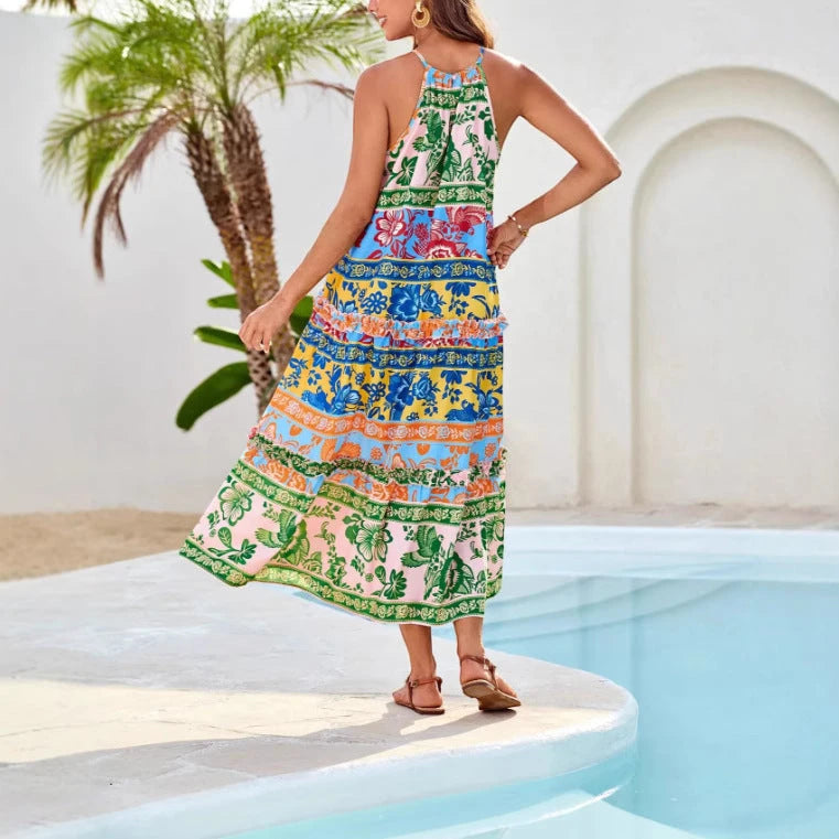 Women's Floral Boho Midi Summer Dress with Halter