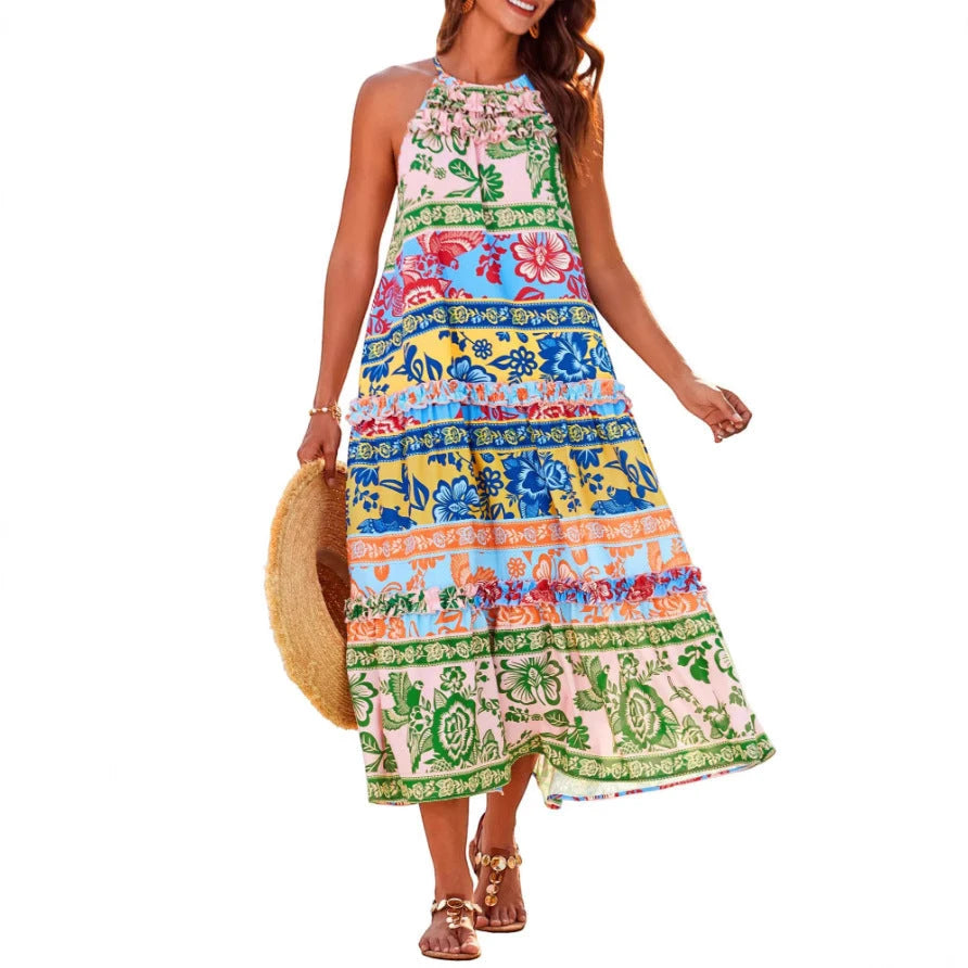 Women's Floral Boho Midi Summer Dress with Halter