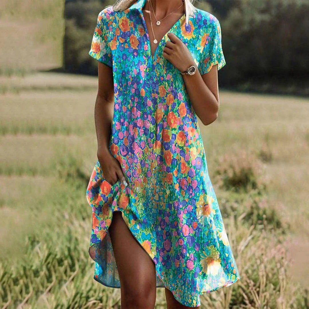 Women's Floral Boho Midi Summer Dress with Short Sleeve