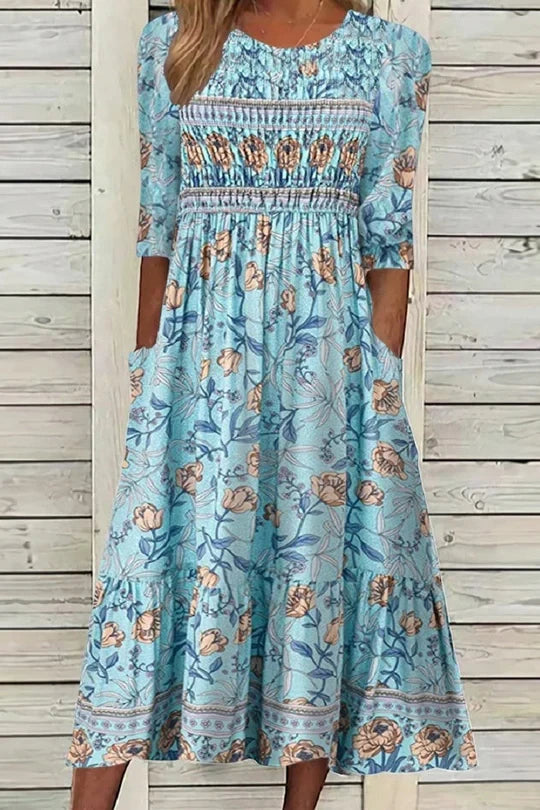Women's Floral Boho Summer Midi Dress with Smocked Details