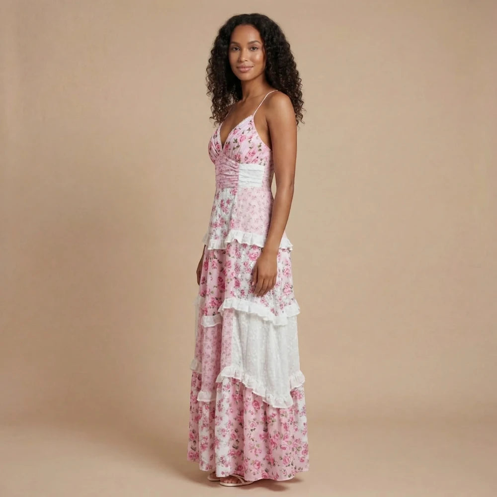 Women's Floral Casual Maxi Summer Dress with Ruffle and V-Neck